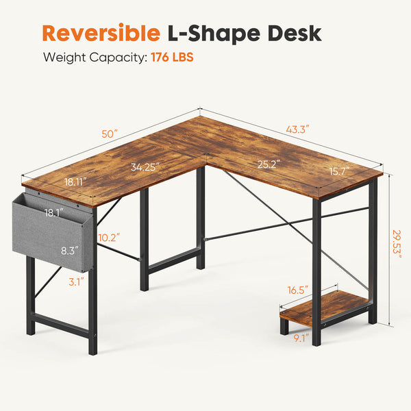 CONCETTA L-Shaped Computer Desk - 50" Corner Gaming Table with Console Shelf and Side Storage Pocket for Office, Bedroom, Living Room