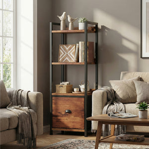 CONCETTA  Bookshelf with Drawer, Tall Narrow Bookcase with Shelves, Wood and Metal Storage Organizer for Bedroom, Living Room
