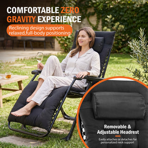 SHOUFTW Padded Zero Gravity Lounge Chair with Detachable Cushion & Side Tray, Folding Reclining Patio Chair, Outdoor Lawn Lounger