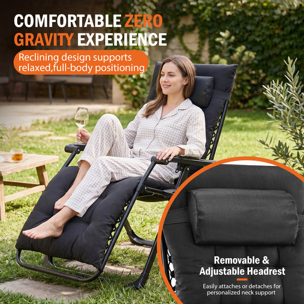 SHOUFTW Padded Zero Gravity Lounge Chair with Detachable Cushion & Side Tray, Folding Reclining Patio Chair, Outdoor Lawn Lounger