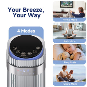 SHOUFTW Tower Fan Standing Bladeless, 23ft/s Velocity Quiet, 64° Oscillating with 5 Speeds, 4 Modes, 12H Timer for Indoor Bedroom
