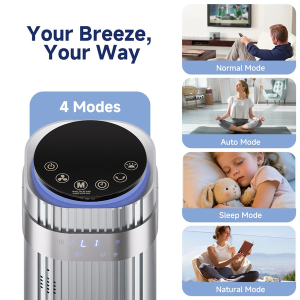 SHOUFTW Tower Fan Standing Bladeless, 23ft/s Velocity Quiet, 64° Oscillating with 5 Speeds, 4 Modes, 12H Timer for Indoor Bedroom