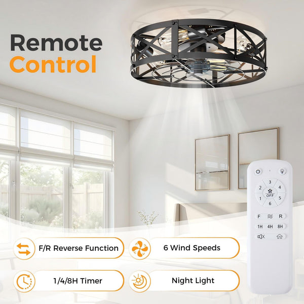 SHOUFTW Bladeless Farmhouse Flush Mount Ceiling Fan with Lights, Remote Control Rustic Low Profile Caged Quiet Fandelier for Bedroom Kitchen
