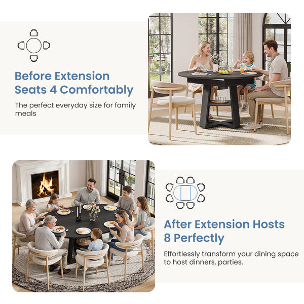 CONCETTA Extendable Dining Table for 4-8, Space-Saving with Storage Shelf, Adjustable Oval Design for Kitchen and Living Room