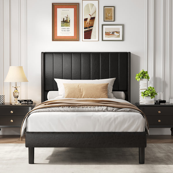 CONCETTA Full Size Bed Frame with Wingback PU Upholstered Headboard and Wooden Slats Support, No Box Spring Needed, Easy Assembly, Black