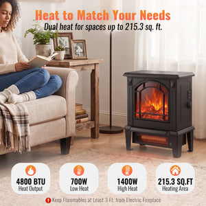 SHOUFTW 18" Freestanding Electric Fireplace Stove, 1400W Space Heater with 3D Realistic Flame, Indoor Fireplace for Bedroom, Living Room, Office, Black