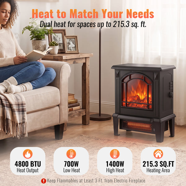 SHOUFTW 18" Freestanding Electric Fireplace Stove, 1400W Space Heater with 3D Realistic Flame, Indoor Fireplace for Bedroom, Living Room, Office, Black