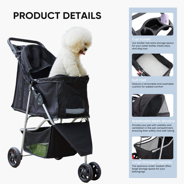 CONCETTA 3-Wheel Foldable and Waterproof Pet Stroller - Jogger Stroller for Small and Medium Dogs and Cats with Cup Holder and Removable Liner
