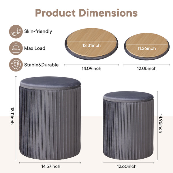 CONCETTA Set of 2 Round Storage Ottomans, Vanity Stools with Hidden Storage for Bedroom, Living Room or Coffee Table Use