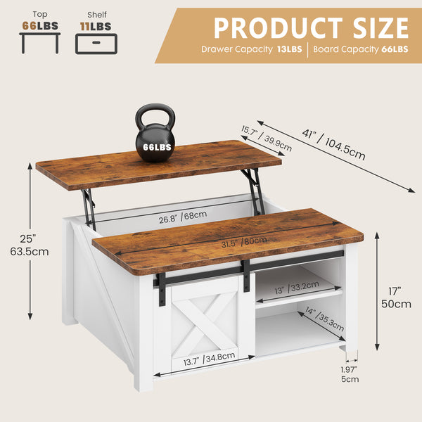 CONCETTA 31.5" Lift Top Coffee Table with Large Hidden Storage, Adjustable Shelves