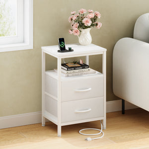 CONCETTA Small Nightstand with Charging Station, 2 Fabric Drawer, End Table with USB Ports and Outlets for Bedroom, Black，Black Brown，Rustic Brown，White