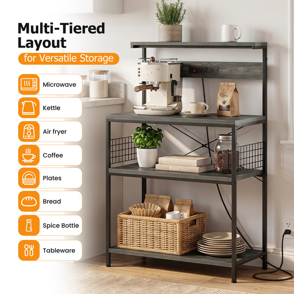 SHOUFTW Kitchen Storage Rack with Power Outlet, 4-Tier Backer's Rack for Microwave Stand & Coffee Bar Storage