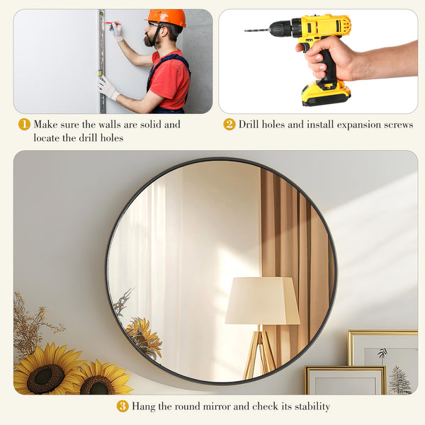 CONCETTA 28-Inch Round Wall-Mounted Mirror, Made Of High-Quality Aluminum, With a Clear And Bright Mirror Surface, Equipped With a Convenient Hook