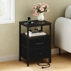 CONCETTA Small Nightstand with Charging Station, 2 Fabric Drawer, End Table with USB Ports and Outlets for Bedroom, Black，Black Brown，Rustic Brown，White