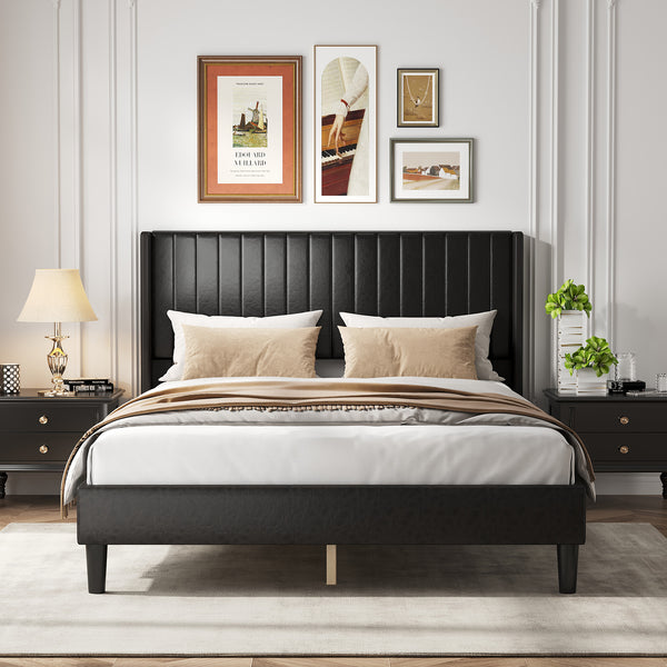 CONCETTA Full Size Bed Frame with Wingback PU Upholstered Headboard and Wooden Slats Support, No Box Spring Needed, Easy Assembly, Black