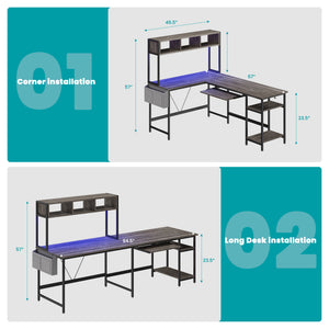 67" Reversible L-Shaped Desk with LED Lights, Power Outlets, Drawer, Keyboard Tray & Hutch