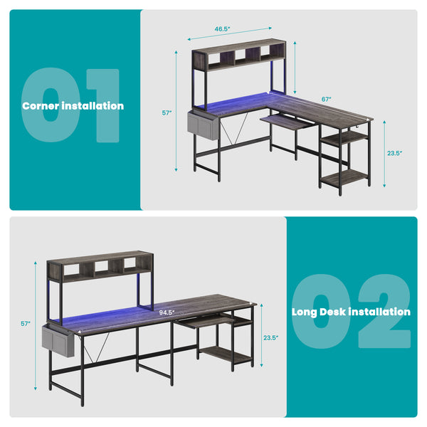 67" Reversible L-Shaped Desk with LED Lights, Power Outlets, Drawer, Keyboard Tray & Hutch