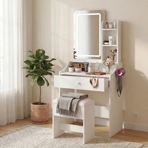 CONCETTA Vanity Desk with Mirror and Lights, Makeup Vanity Table with Hair Dryer & Power Outlet, Dressing Table for Bedroom