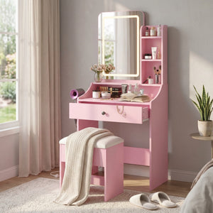 CONCETTA Vanity Desk with Mirror and Lights, Makeup Vanity Table with Hair Dryer & Power Outlet, Dressing Table for Bedroom