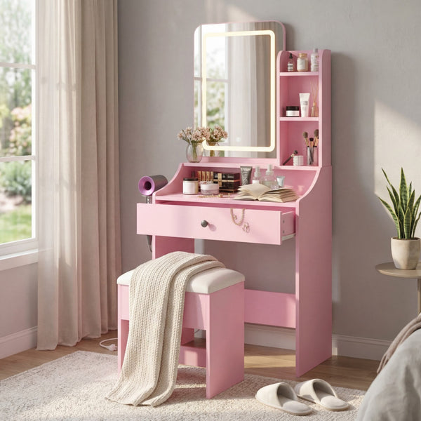 CONCETTA Vanity Desk with Mirror and Lights, Makeup Vanity Table with Hair Dryer & Power Outlet, Dressing Table for Bedroom