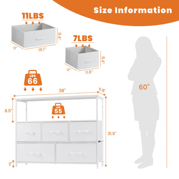 CONCETTA 38 in Open Storage Shelf TV Stand with 5 Fabric Drawers for Bedroom/Living Room/Hallway