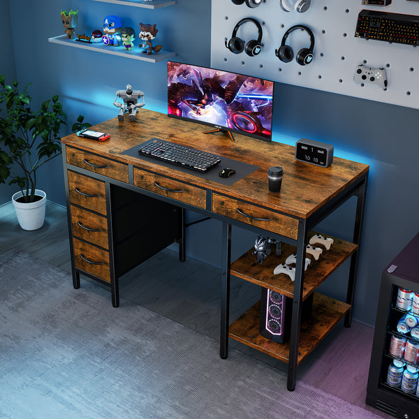 CONCETTA Computer Desk with 6 Drawers and 2 Open Shelves, Modern Home Office Desk