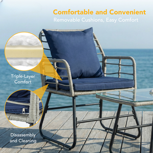 CONCETTA 3 Piece Outdoor Patio Furniture Set, Wicker Bistro Chairs with Glass Top Table for Apartment Balcony, Small Backyard, Porch and Deck