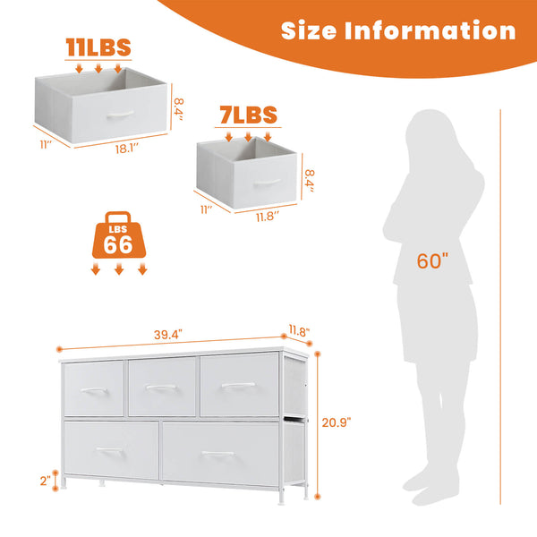 CONCETTA 38 in 5 Drawers Dresser Chest of Drawers,Metal Frame and Wood Top