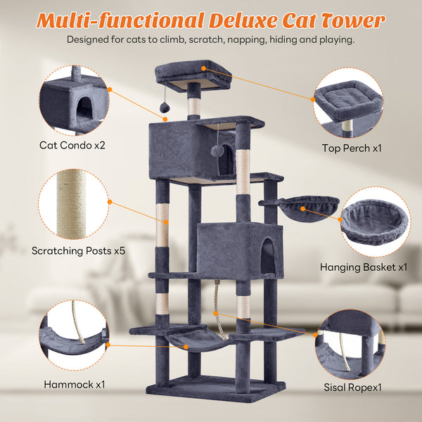 CONCETTA 66in Multi Level Cat Tree Tower,Cat Scratching Posts with Large Top Perch and Hammock, Beige