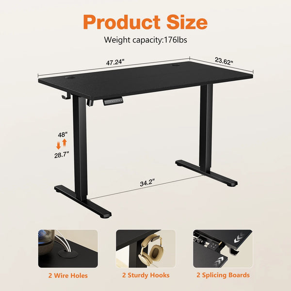 Electric Adjustable Height Standing Desk - 48 x 24 inch Sit to Stand Up Desk with Splice Board, Rising Home Office Computer Table with 2 Hook and Wire Hole for Work, Black