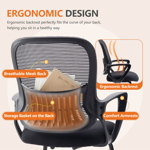 CONCETTA Ergonomic office chair - with storage basket, no wheels, breathable back, suitable for office, bedroom, living room.