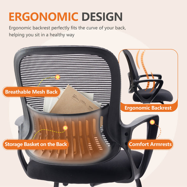 CONCETTA Ergonomic office chair - with storage basket, no wheels, breathable back, suitable for office, bedroom, living room.