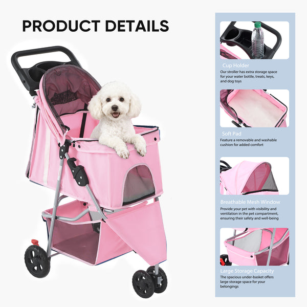CONCETTA 3-Wheel Foldable and Waterproof Pet Stroller - Jogger Stroller for Small and Medium Dogs and Cats with Cup Holder and Removable Liner