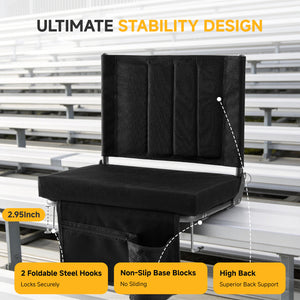 CONCETTA Stadium Seats with Back Support, 350 LBS Weight Capacity Thick Padded Bleacher Chair with Cup Holder, Storage Pocket, Padded Shoulder Strap & Built-in Handle for Sports Events