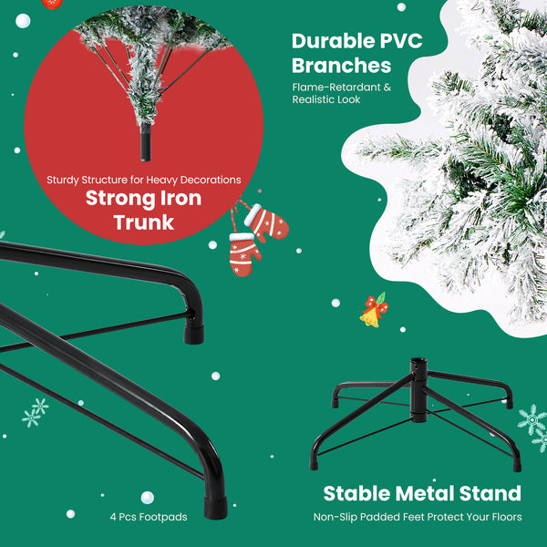 Artificial Full Christmas Tree, Flocked Snow Trees with Pine Cone Decoration, Includes Stand, Incandescent Lights & Foldable Base for Home, Office, Party