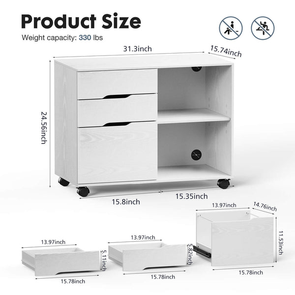 CONCETTA Lateral File Cabinet - with 3 Drawers, Rolling Wooden File Storage Drawer, Black Printer Stand Under Desk Organiser for Office, Home