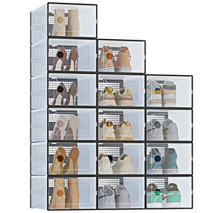 CONCETTA 12/15-Pack Shoe Box Organizer for up to US Size 9, Stackable Plastic Storage Rack for Closet Hallway Bedroom