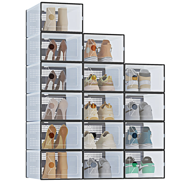 CONCETTA 12/15-Pack Shoe Box Organizer for up to US Size 9, Stackable Plastic Storage Rack for Closet Hallway Bedroom