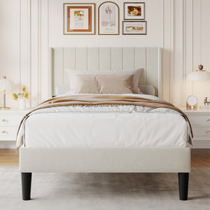 CONCETTA Full Size Bed Frame with Wingback PU Upholstered Headboard and Wooden Slats Support, No Box Spring Needed, Easy Assembly, Black