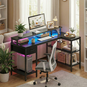 CONCETTA 47 inch L-Shaped Gaming Desk - Reversible with LED Lighting, Power Outlets & Double-Tier Storage, for Home Office