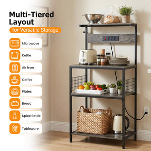 SHOUFTW Kitchen Storage Rack with Power Outlet, 4-Tier Backer's Rack for Microwave Stand & Coffee Bar Storage