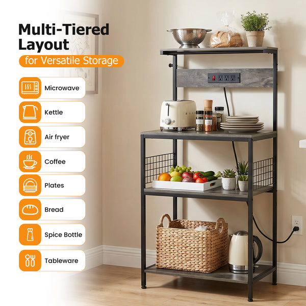 SHOUFTW Kitchen Storage Rack with Power Outlet, 4-Tier Backer's Rack for Microwave Stand & Coffee Bar Storage