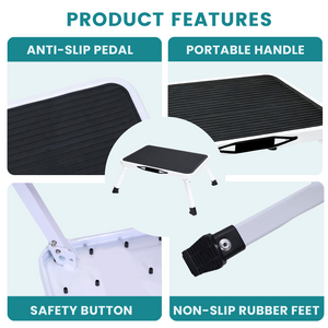 Foldable car wash stool with carrying handle and non-slip platform, single-step rubber foot ladder, supports up to 330 lbs, sturdy metal folding stool, suitable for RVs, trucks, home kitchen