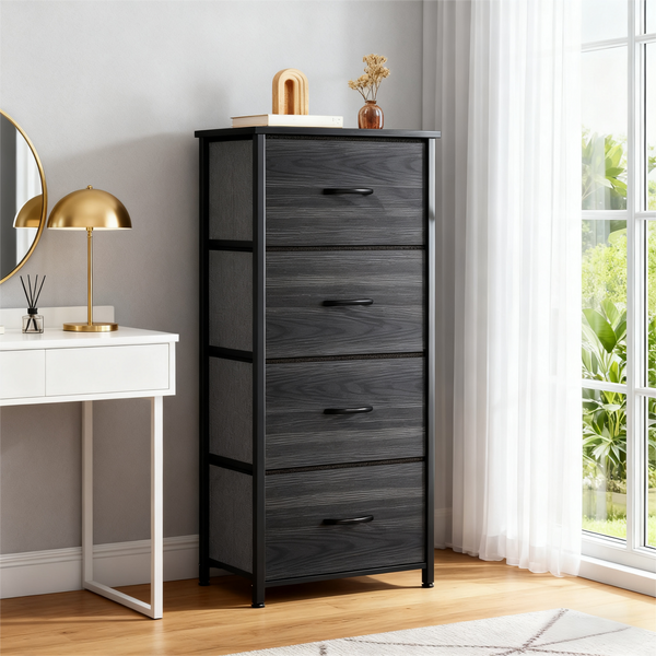 CONCETTA 4 Drawer Dresser, Wide Chest Drawers Nightstand Storage Tower Storage Fabric Dresser With Wood Top for Living Room, Bedroom, Closet