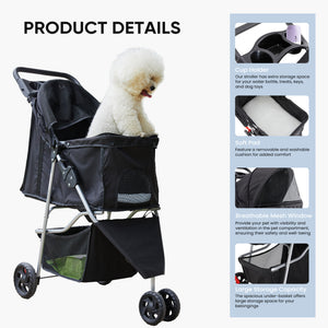 CONCETTA 3-Wheel Foldable and Waterproof Pet Stroller - Jogger Stroller for Small and Medium Dogs and Cats with Cup Holder and Removable Liner