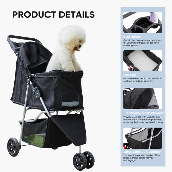CONCETTA 3-Wheel Foldable and Waterproof Pet Stroller - Jogger Stroller for Small and Medium Dogs and Cats with Cup Holder and Removable Liner