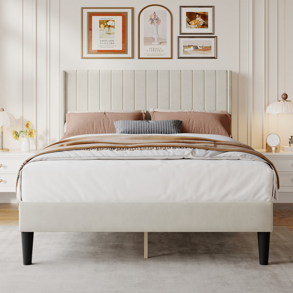 CONCETTA Full Size Bed Frame with Wingback PU Upholstered Headboard and Wooden Slats Support, No Box Spring Needed, Easy Assembly, Black