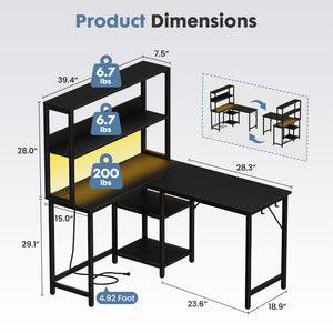 CONCETTA L Shaped Gaming Desk, Reversible Computer Desk with Power Outlets & LED Lignts, Gaming Table with Storage Shelves and Hooks for Bedroom Home Office