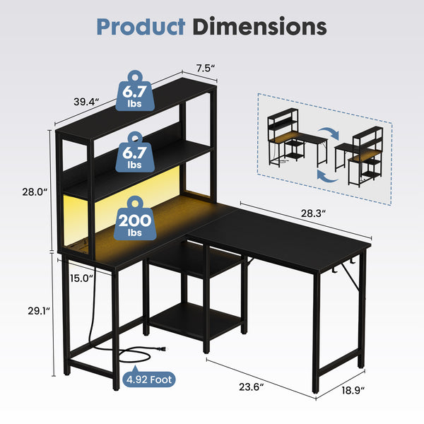 CONCETTA L Shaped Gaming Desk, Reversible Computer Desk with Power Outlets & LED Lignts, Gaming Table with Storage Shelves and Hooks for Bedroom Home Office