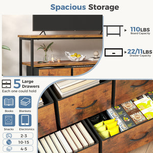 CONCETTA 39.3'' 5 Drawer Dresser with Charging Station, Fabric Storage Chest of Drawers for Bedroom, Living Room, Entryway